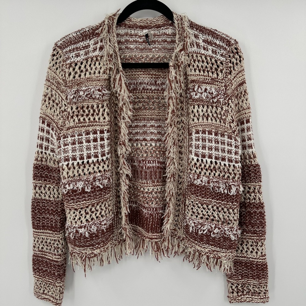25 South Boho Fringe‎ Open Front Cardigan Sweater Knit Geometric Pattern